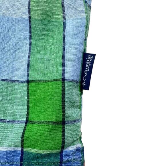 Columbia PFG Linen Blue Green Orange Plaid Button Up Short Sleeve Fishing Shirt - Picture 5 of 7